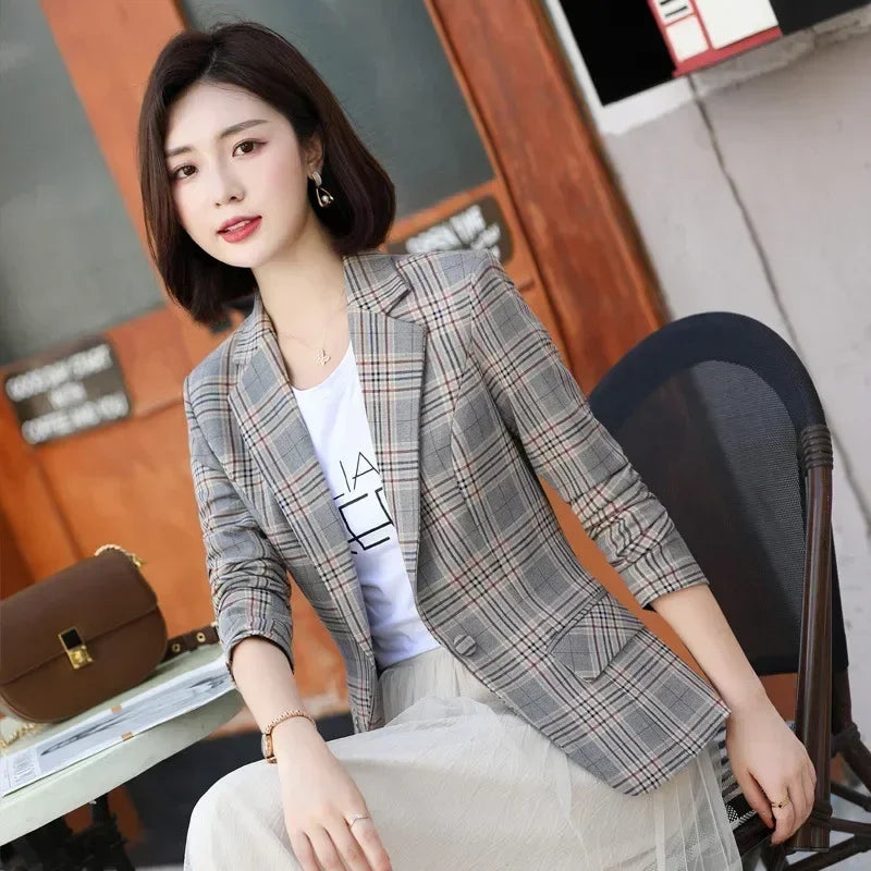 Gray Striped Plaid Blazer Jacket Women's Fashion Slim Coats V-Neck Single Button Ladies Blazers S-XXXXXL