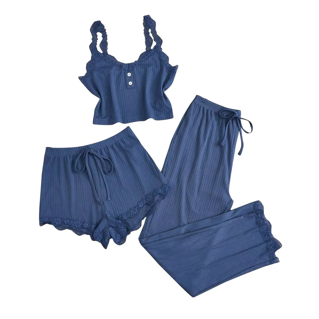 New 2025 Women's Summer 3PCS Pajama Sets Solid Vest Shorts and Pants Paired with Lace Splicing for Homewear Sexy Sleepwear Sets