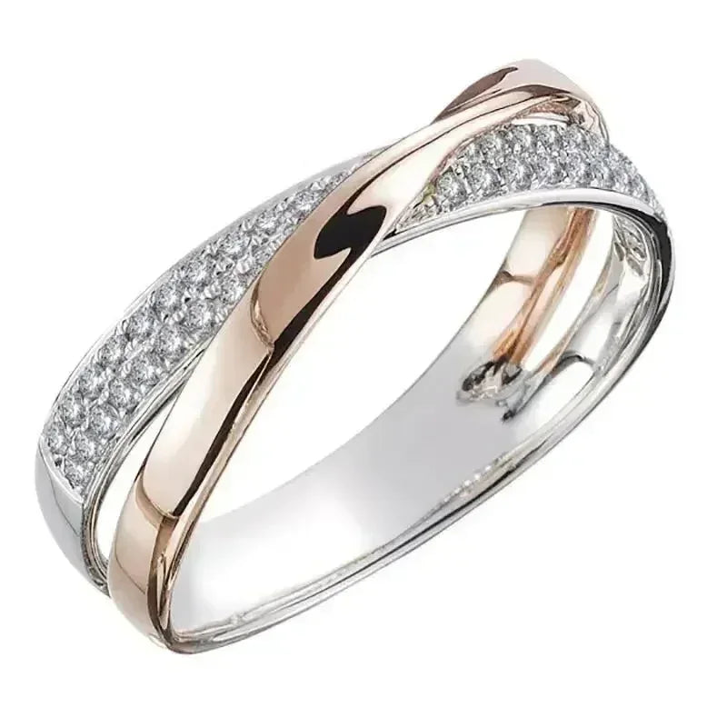 Classic Stainless Steel Two Tone X Shape Cross Ring for Women Wedding Trendy Jewelry Dazzling Zircon Wedding Rings Modern Rings