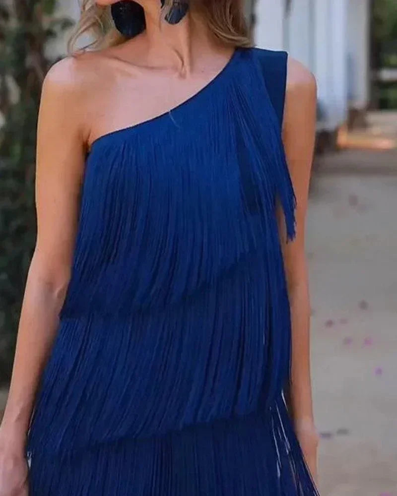 Spring and Summer New Fashion Fringed Slanted Shoulder Asymmetrical Dress for Women