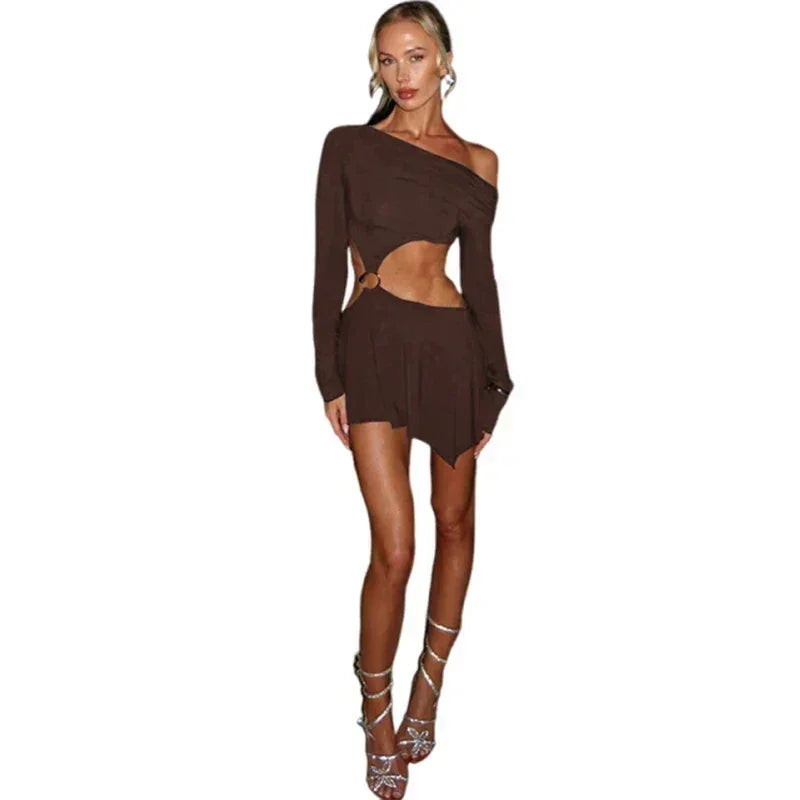 Whatiwear Hollow Waistless Dress Women Skew Collar Off Shoulder Full Sleeve Rings Patchwork Ruched Elegant Fashion Mini Bodycon