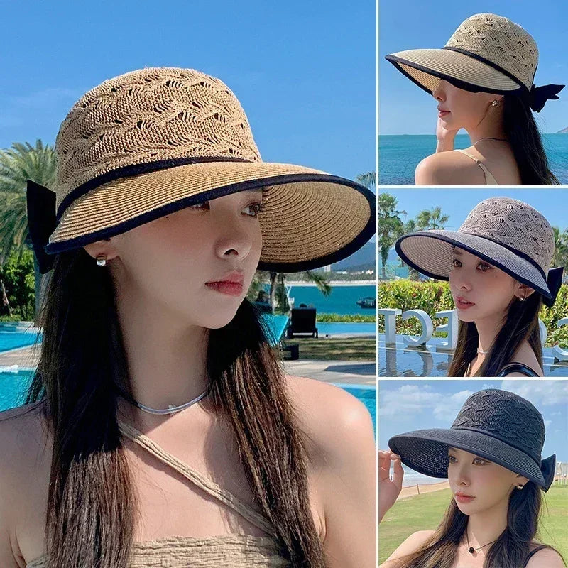 Women's Summer Straw Hat UV Protection Wide Brim | Breathable Bow Sun Hat Fashion Beach Accessory