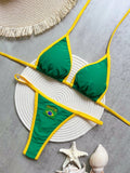 2026 Fashion Embroidery Brasil Flag Contrast Split Bikini Set Women Swimwear Patchwork Swimsuit Hottie Outfit SummerBeachwear