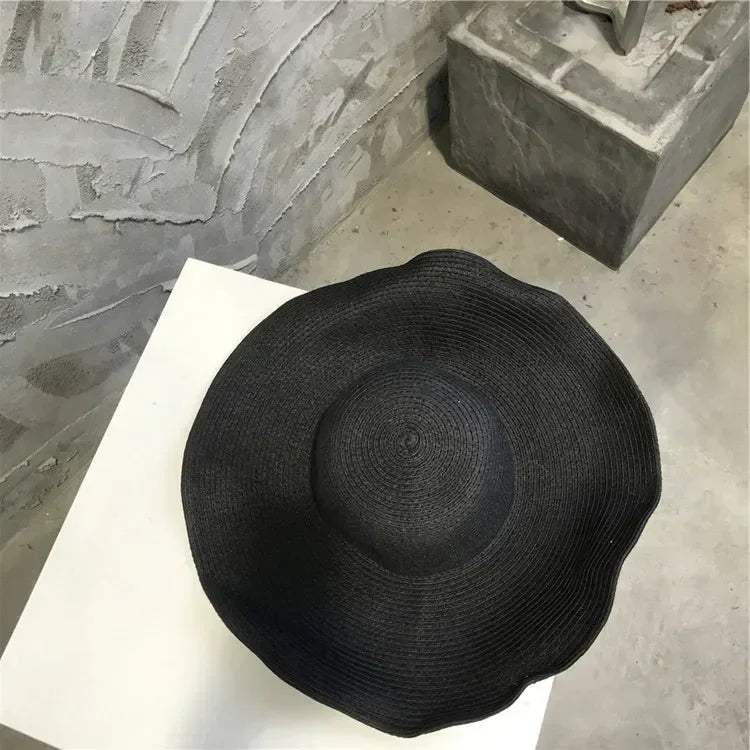 Women Sun Hat Big Eaves Waves Beach Cap Ladies Hat Big Brim Sun Visors UV Cut Bucket Panama Cap Foldable Straw Sunscreen Vintage