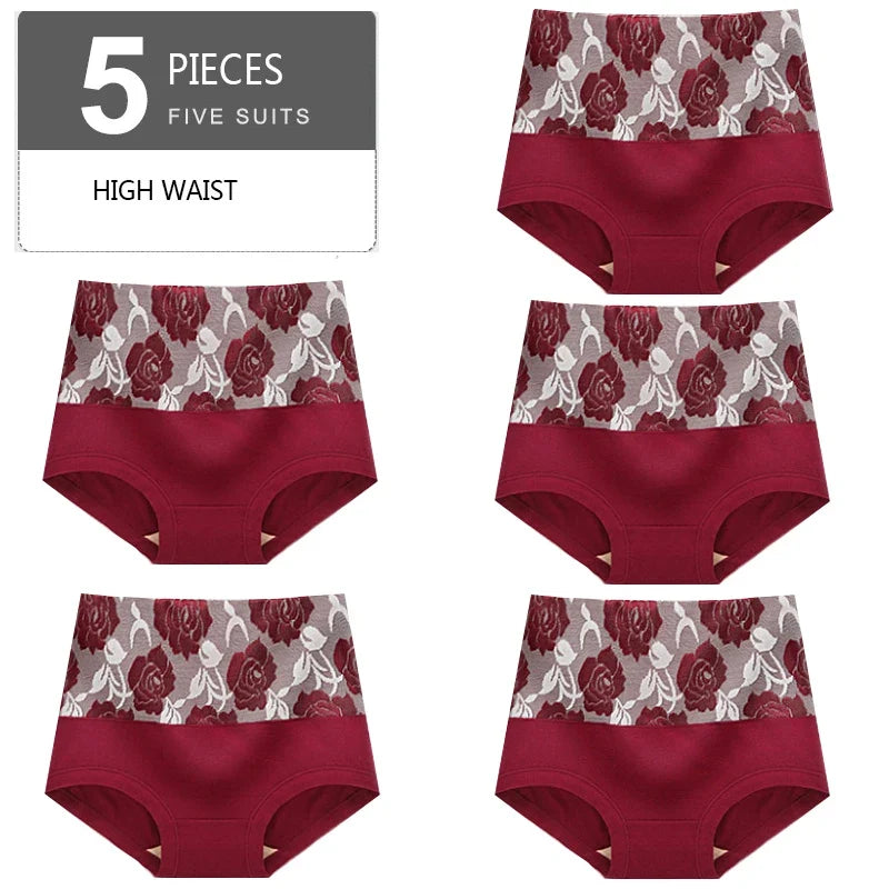 5Pcs Women Panties High Waist Body Shaper Underwear Print Girls Briefs Soft Sexy Underpants Breathable Cotton Female Lingerie