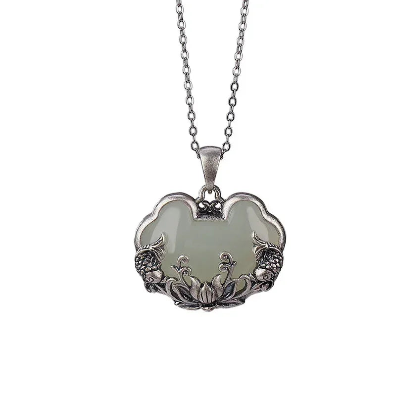 925 silver Natural Hotan Jade fish-shaped Lotus flower necklace Retro Chinese style Ruyi Pendant clavicle chain jewelry
