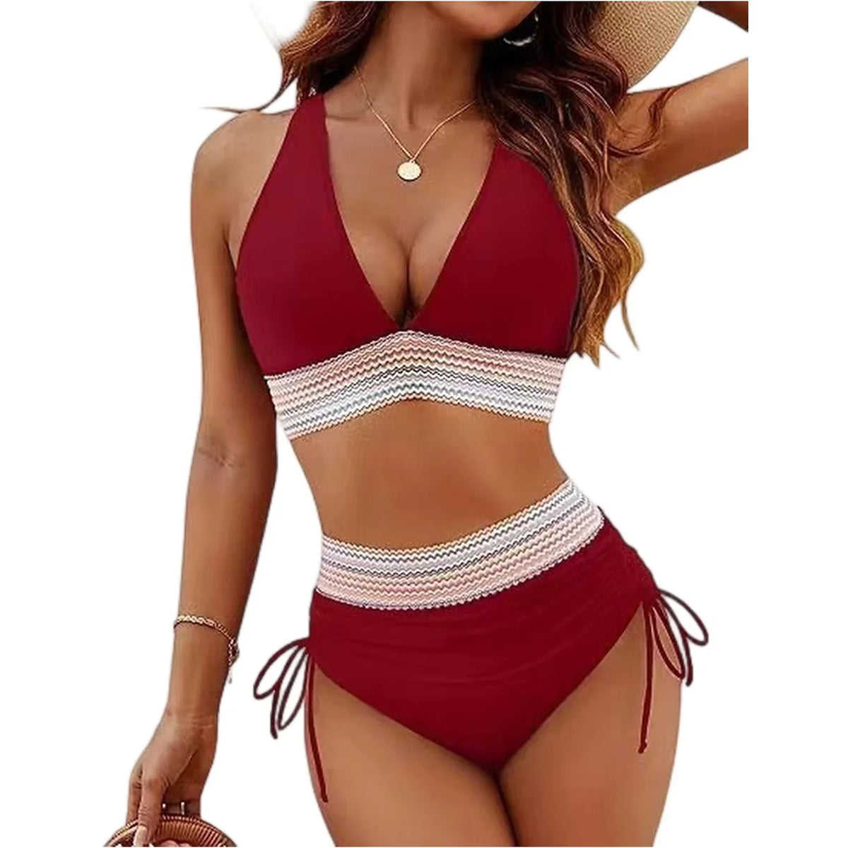 Women High Waisted Bikini Sets Tummy Control Swimsuits Color Block Two Piece Drawstring Bathing Suit Adjustable Shoulder Straps