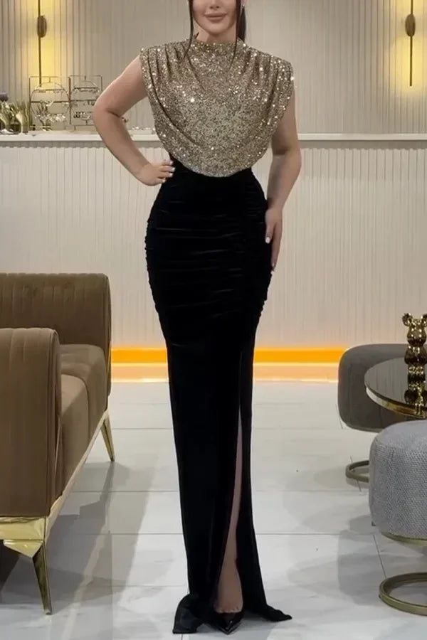 Lady Fashion Sleeveless Draped Split Dress Casual O Neck Sequin Splicing Party Dress 2025 New Year Elegant High Waist Long Dress
