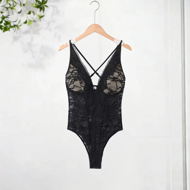 Sexy Lace Halter Bodysuits Women's Slim Sleeveless Waist-cinching Deep V-neck Suits 2026 New Ladies Spring Summer Solid Outwear