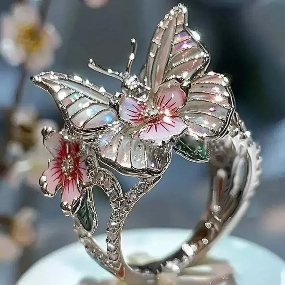 Aesthetic Flower Butterfly Rings for Female Romantic Rhinestone Stylish Non-fading Opening Ring Women Wedding Jewelry Party Gift