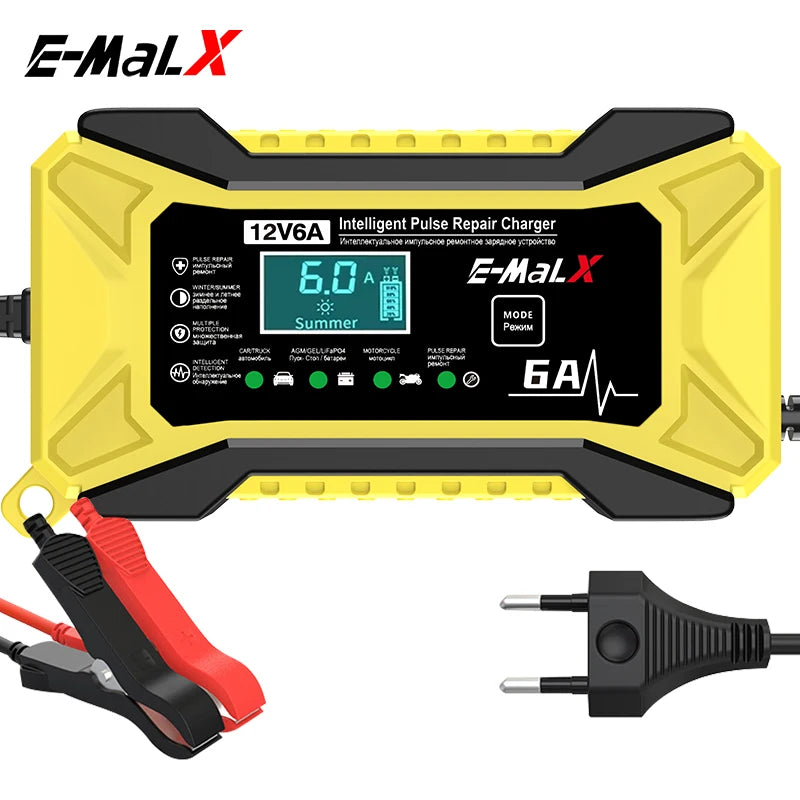 12V 6A smart battery charger with pulse repair — yellow, front view with LCD display and battery clamps