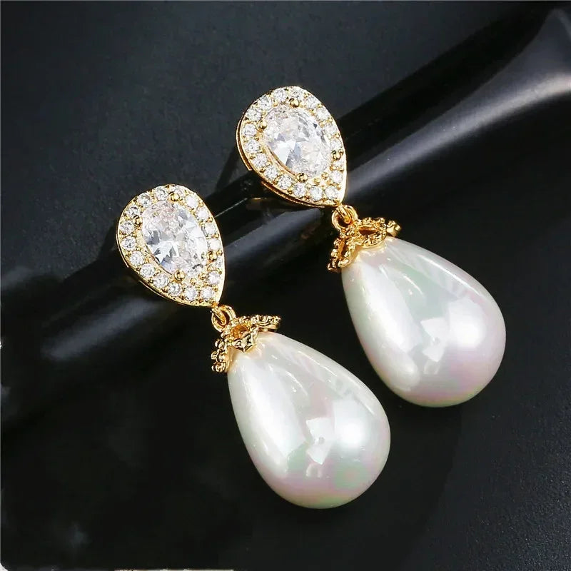 ZAKOL Stylish Teardrop Imitation Pearl Dangle Earrings Water Drop Cubic Zirconia for Women Bridal Earring Wedding Jewelry Bijoux