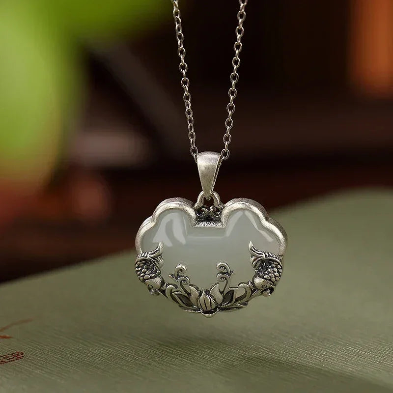 925 silver Natural Hotan Jade fish-shaped Lotus flower necklace Retro Chinese style Ruyi Pendant clavicle chain jewelry