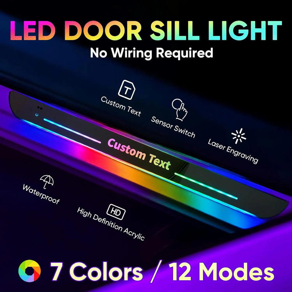 LED door sill light features — custom text, sensor switch, laser engraving, waterproof, 7 colors and 12 modes