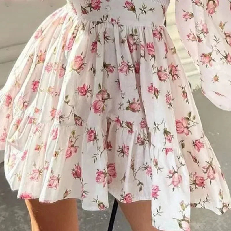 Spring Women's New Temperament Sweet Fashion Print Sexy V-neck Lace Lantern Sleeves High Waist Short A-line Dress