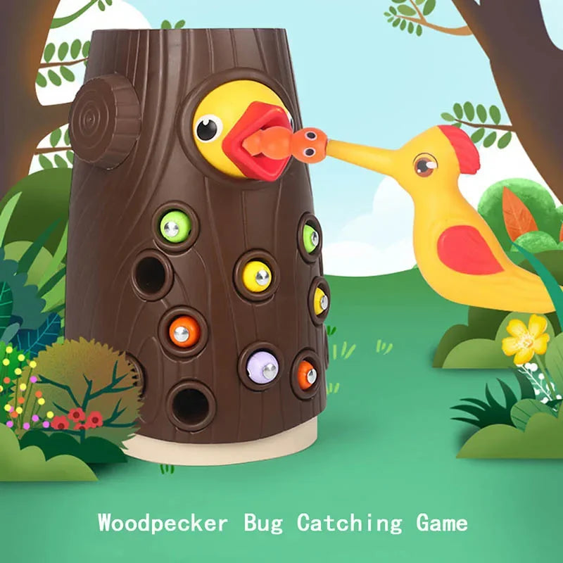Magnetic Woodpecker Worm Catching Game - Montessori Wooden Feeding Toy for Toddlers & Preschoolers