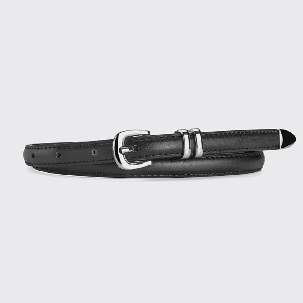 Thin PU Leather Belt with Silver Buckle
