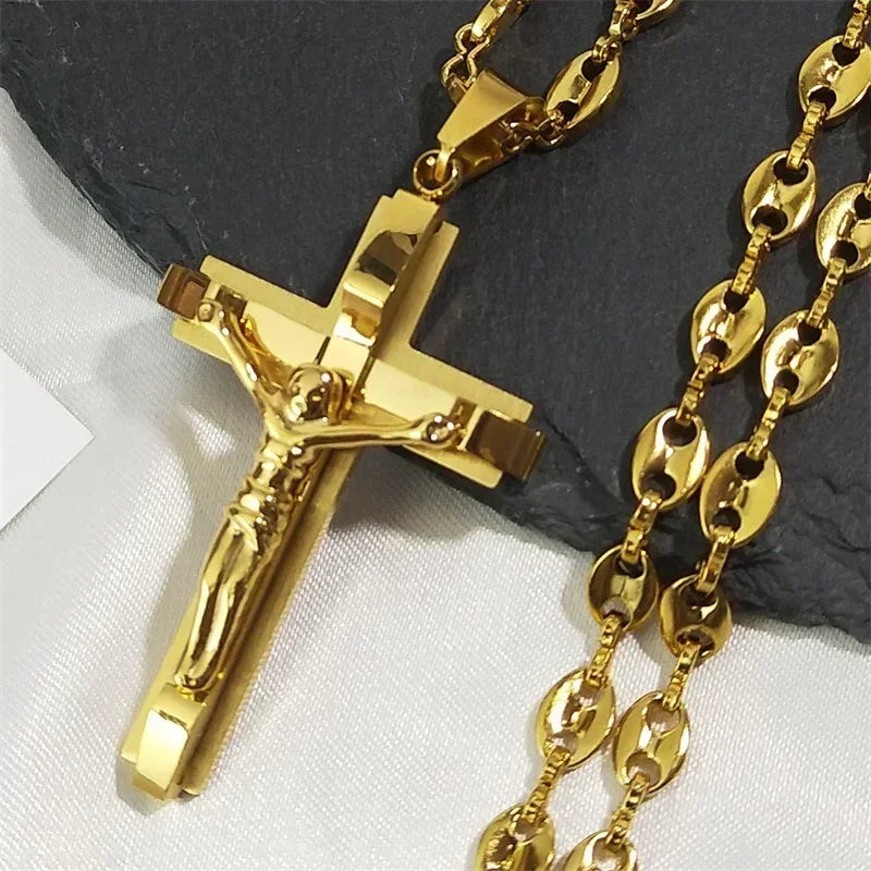 Jesus Cross Crucifix Pendant Necklace for Men Stainless Steel Gold Color Christian Coffee Bean Chain Jewelry croix chrétienne