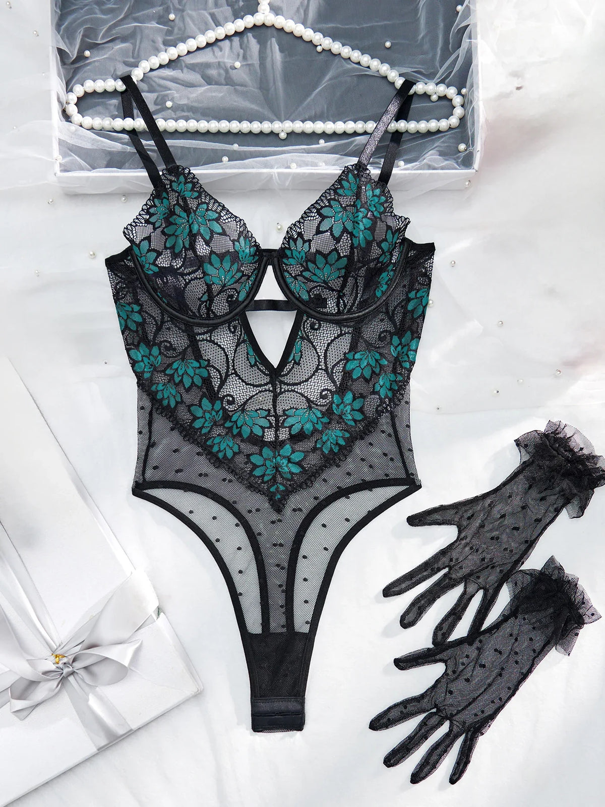 Diccvicc Elegant Women's Body with Gloves See Through Floral Lace Sexy Bodysuit Lingerie Intimate Underwear Set Female Clothing