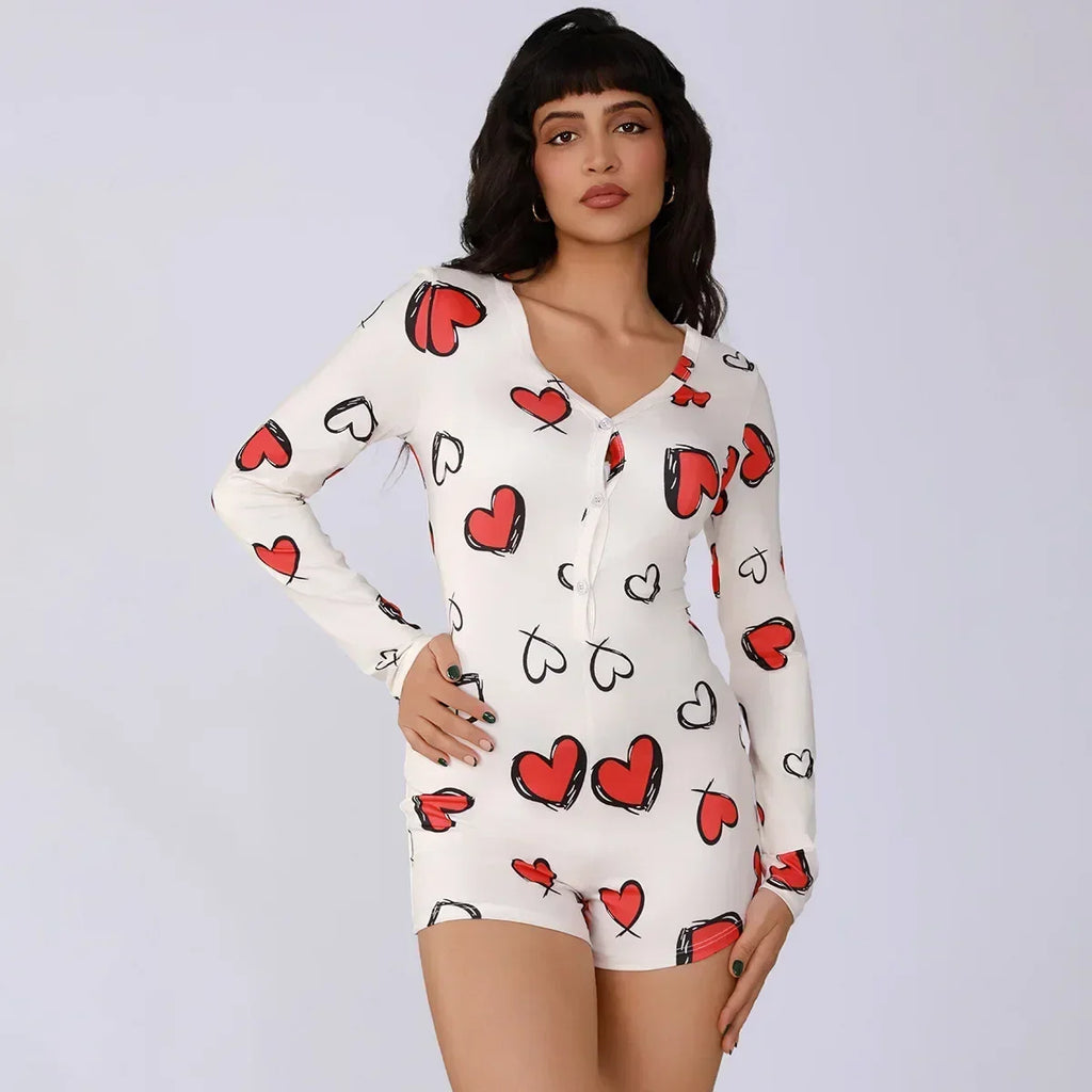 Ladies one-piece bodysuit sexy hot girl pajamas heart digital print short-sleeved set shorts home wear