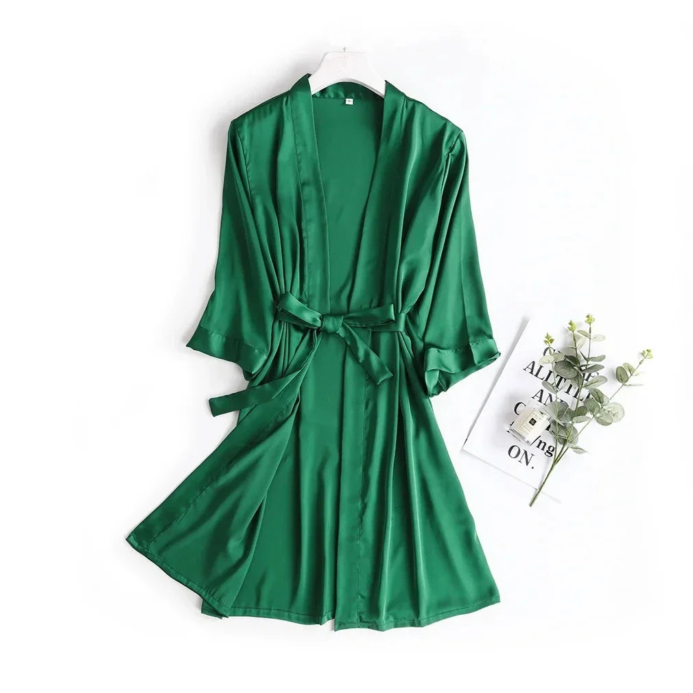 Women Wedding White Bride Robe Morning Gown 3/4 Sleeve Sleepwear Loose Nightgown Female Silk Satin Kimono Bathrobe Lingerie