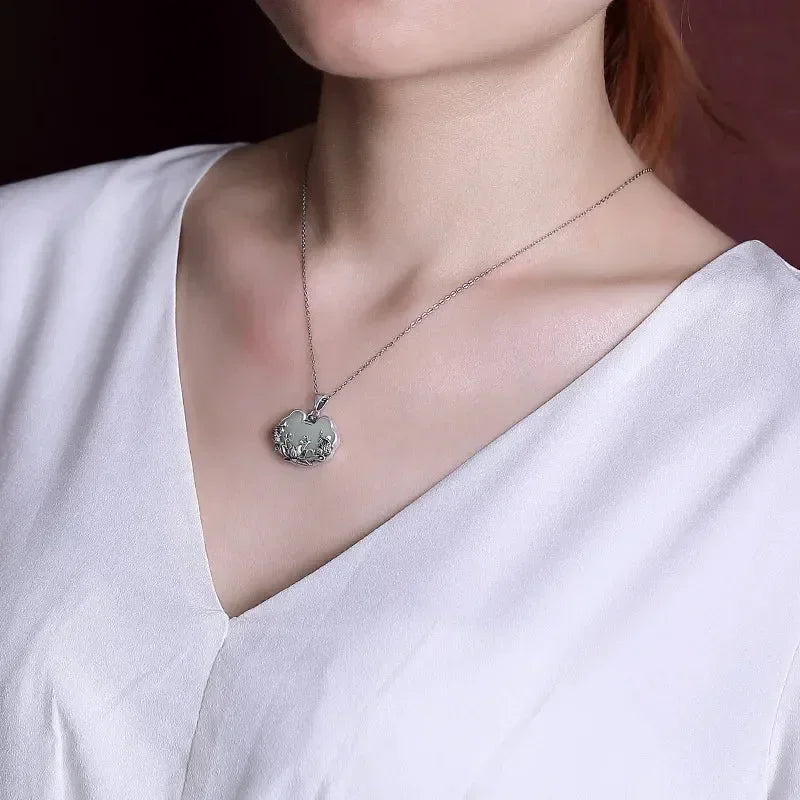 925 silver Natural Hotan Jade fish-shaped Lotus flower necklace Retro Chinese style Ruyi Pendant clavicle chain jewelry