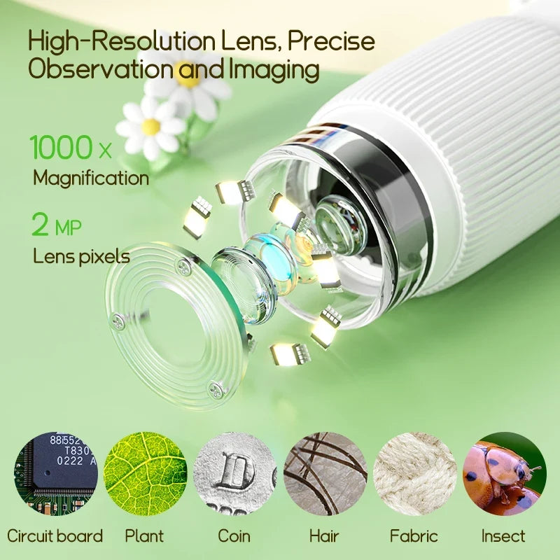 Kids Microscope 1000x Magnifier with LED, 200MP Photo and Video Function