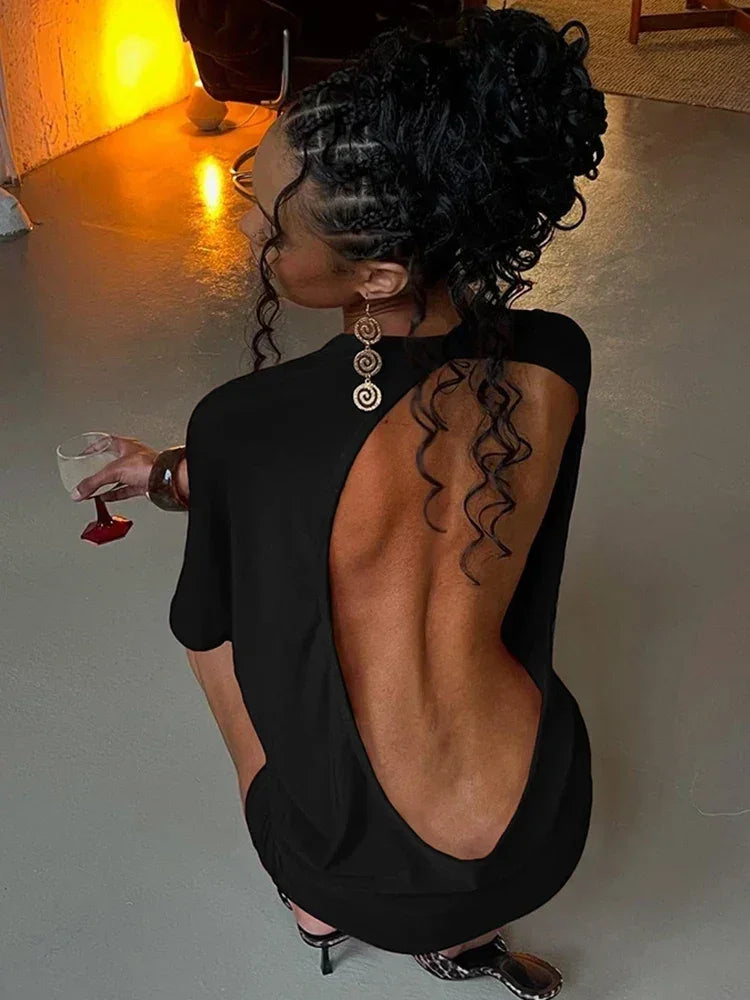 Nibber o-Neck Sexy Backless Mini Dress Women Y2K Solid Trend Style Half Sleeve Spicy Girls Street Midnight Fashion Slim Outfits