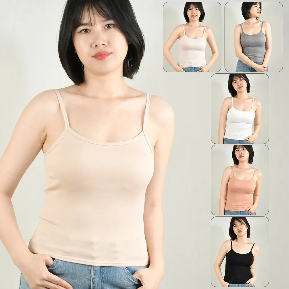 Sexy Summer Sleeveless T-Shirt  Spaghetti Strap Cropped Tank Top with Built-in Bra Fashion Solid Color Sporty Camisole