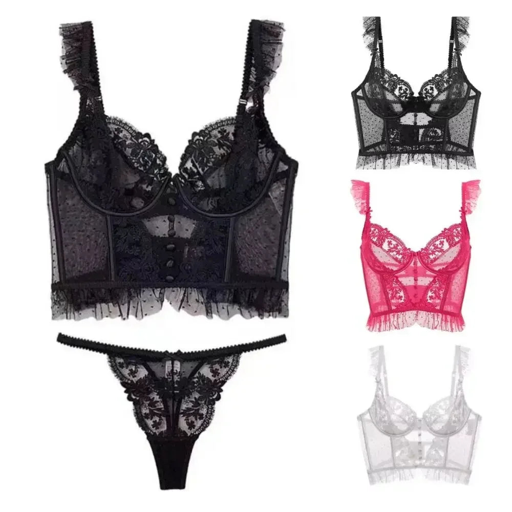 Fashion Comfortable Lace Lingerie with Steel Ring Wrapped Chest Top Bra and Panty Set Sexy Intimates Supply Underwire Female