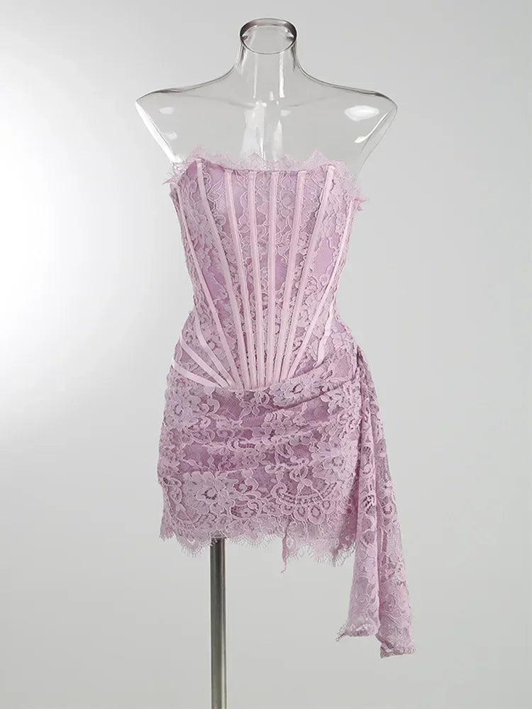 TARUXY Sexy Lace See-through Patchwork Corset Dress Female Bodycon Elegant Party MIrrgualr Mini Dress Women Tube Top Dress New