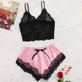 2PCS Women's Satin Pajama Set Lace Cami Top and Shorts Sexy Lingerie Sleepwear Summer Breathable Nightwear Black And Pink