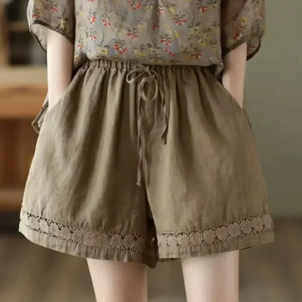 Cotton Linen Vintage High-Waist Elastic New Style Tie-Belt Embroidered Hollow Casual Straight Shorts