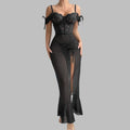 Ladies V Neck Sleepwear Set with Spaghetti Straps Lace Up Front and Sheer Mesh Fabric with Slit Includes Nightdress and Panties