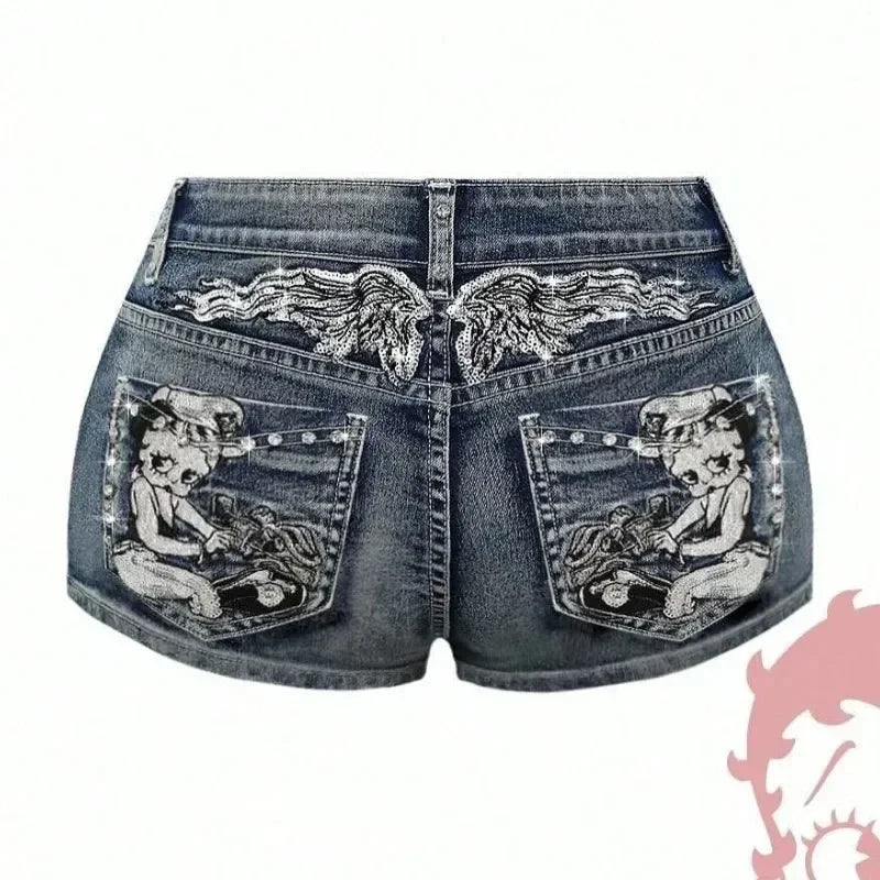 Kawaii cartoon character pocket embroidery high-quality slim denim shorts for women summer nightclub hip design casual y2k short