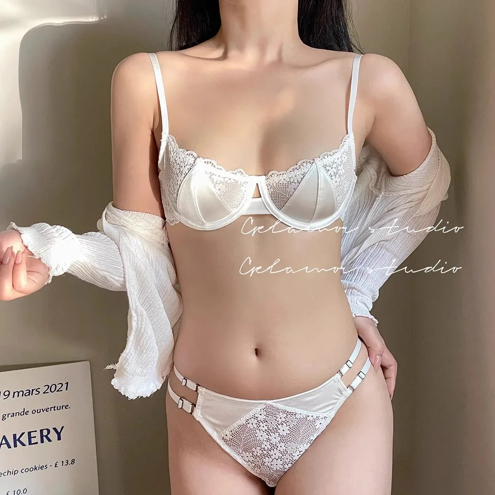 Sexy Hot Bra for Women Half Cup Ultra-thin Lace Large Breasts Show Small Chest Anti-sagging Bra Set Lencerias Sexy Underwear