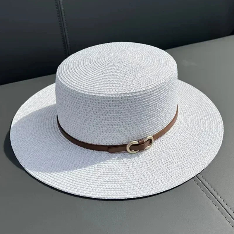 Simple Straw Summer Women Beach Hat Female Casual Panama Hat Women Flat Brim Bowknot Straw Cap Girls Sun Hat