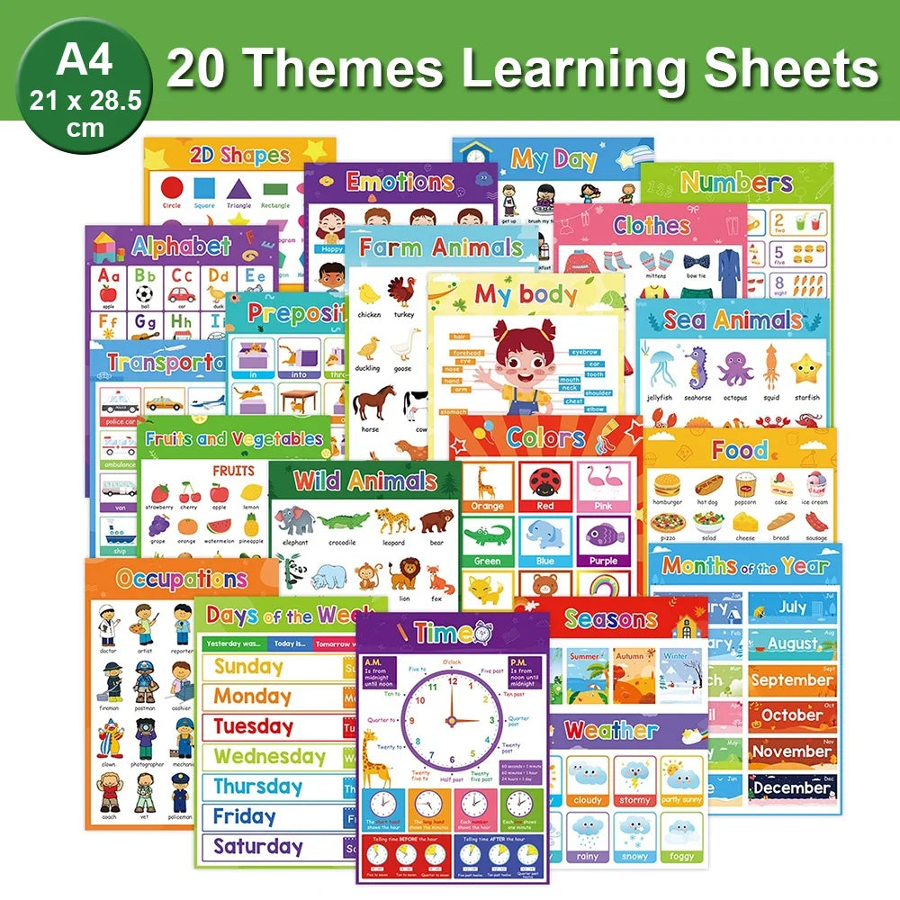 Educational Posters for Preschool Kids - English Words Learning Charts, Teaching Aids, Classroom Decoration, Big Card Montessori