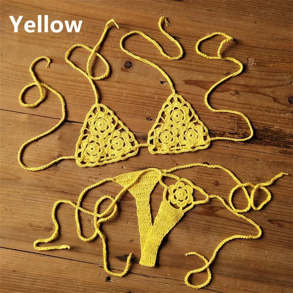 Women Sexy Handmade Bikini Sets Crochet Flower Solid Color Lace Thong String Swimwear Sunbathing Swimsuit Beach Wear Lace-up