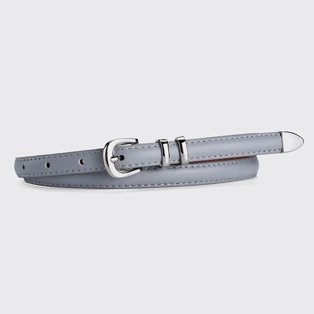 Thin PU Leather Belt with Silver Buckle