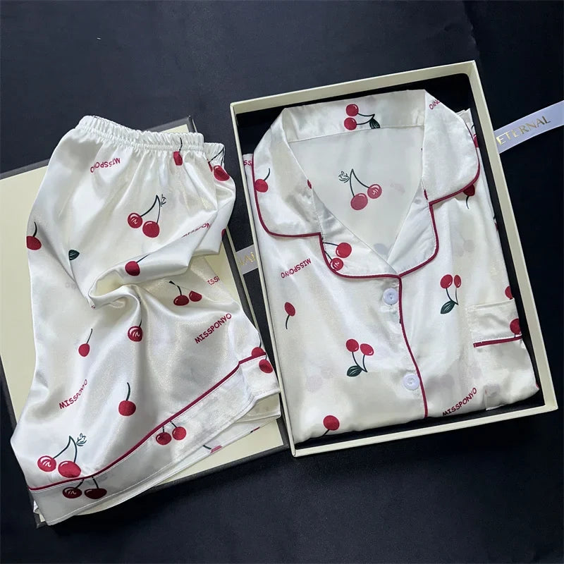 Cherry Print Silk Pajamas Set for Women Summer Short Sleeve Shirt and Shorts Two Pieces Sleepwear Homewear Nightwear