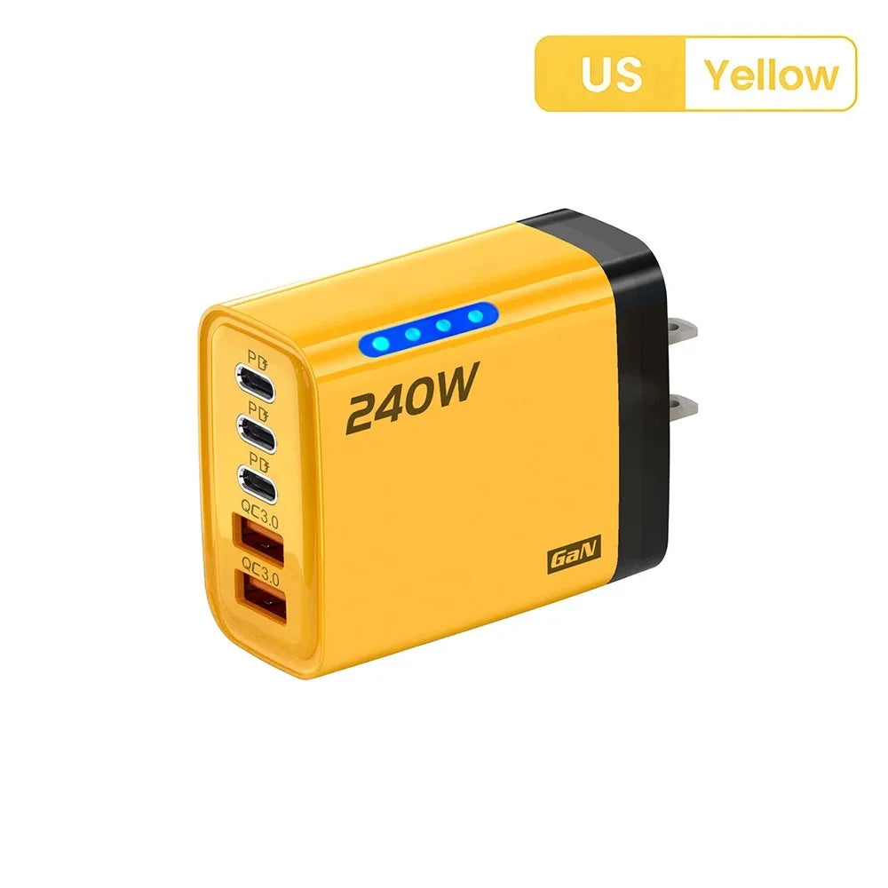 240W 5-in-1 GaN Fast Charger — 2 USB + 3 USB-C, LED Light