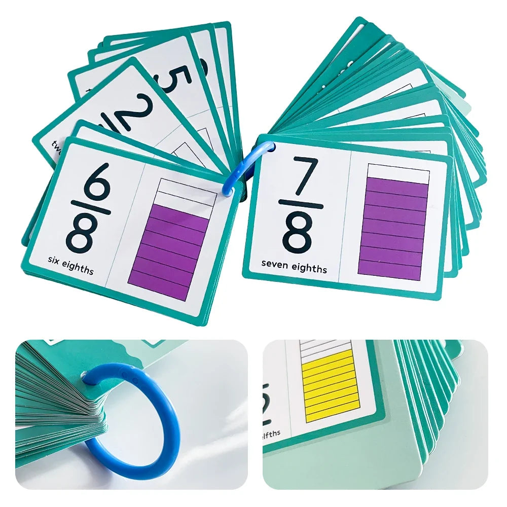 Fraction Number Flashcards - Graphical Fractions Simplification Math Learning Cards, Montessori Teaching Aids for Elementary School