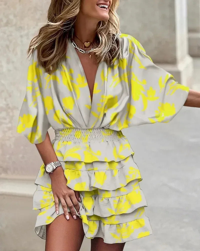 Women Fall V-Neck Loose Batwing Hafl Sleeve Print Dress Fashion Elegant Lace-up Ruffle Beach Mini Dresses Casual Streetwear 2024