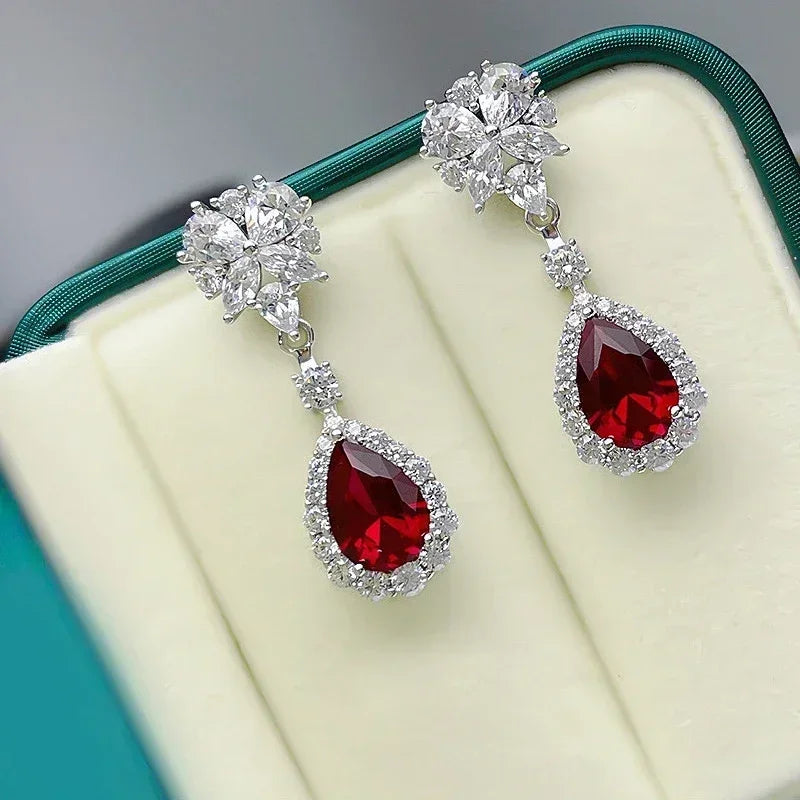 Huitan Brilliant Red CZ Drop Earrings for Women Gorgeous Attractive Creative Accessories for Engagement Charming Wedding Jewelry