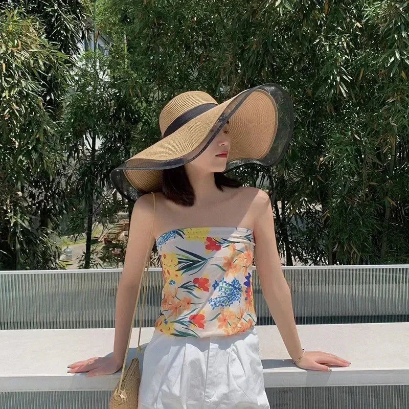 Women Sun Hat Big Eaves Waves Beach Cap Ladies Hat Big Brim Sun Visors UV Cut Bucket Panama Cap Foldable Straw Sunscreen Vintage
