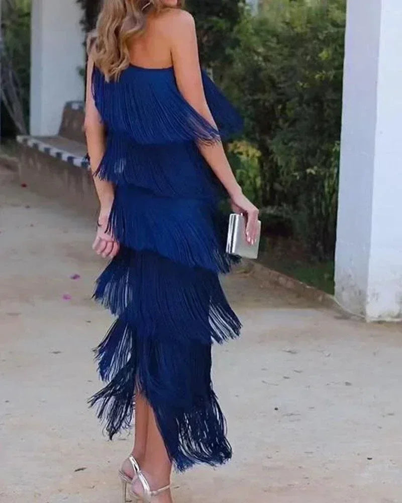 Spring and Summer New Fashion Fringed Slanted Shoulder Asymmetrical Dress for Women