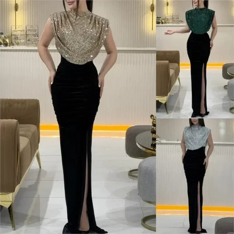 Lady Fashion Sleeveless Draped Split Dress Casual O Neck Sequin Splicing Party Dress 2025 New Year Elegant High Waist Long Dress