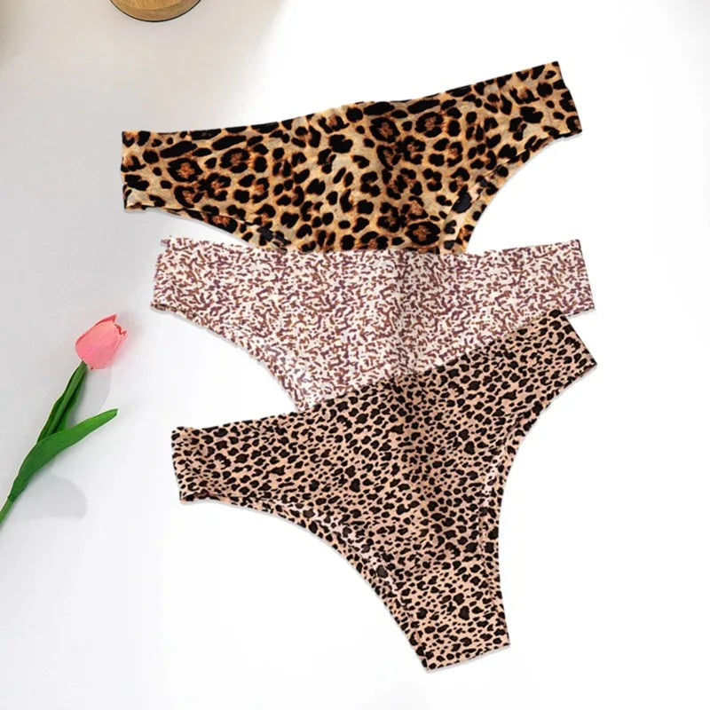 WarmSteps 3Pcs/Set Sexy Leopard Thongs Women's Panties Thongs 2024 New Female Underwear Seamless Printed Panties Ice Silk Briefs