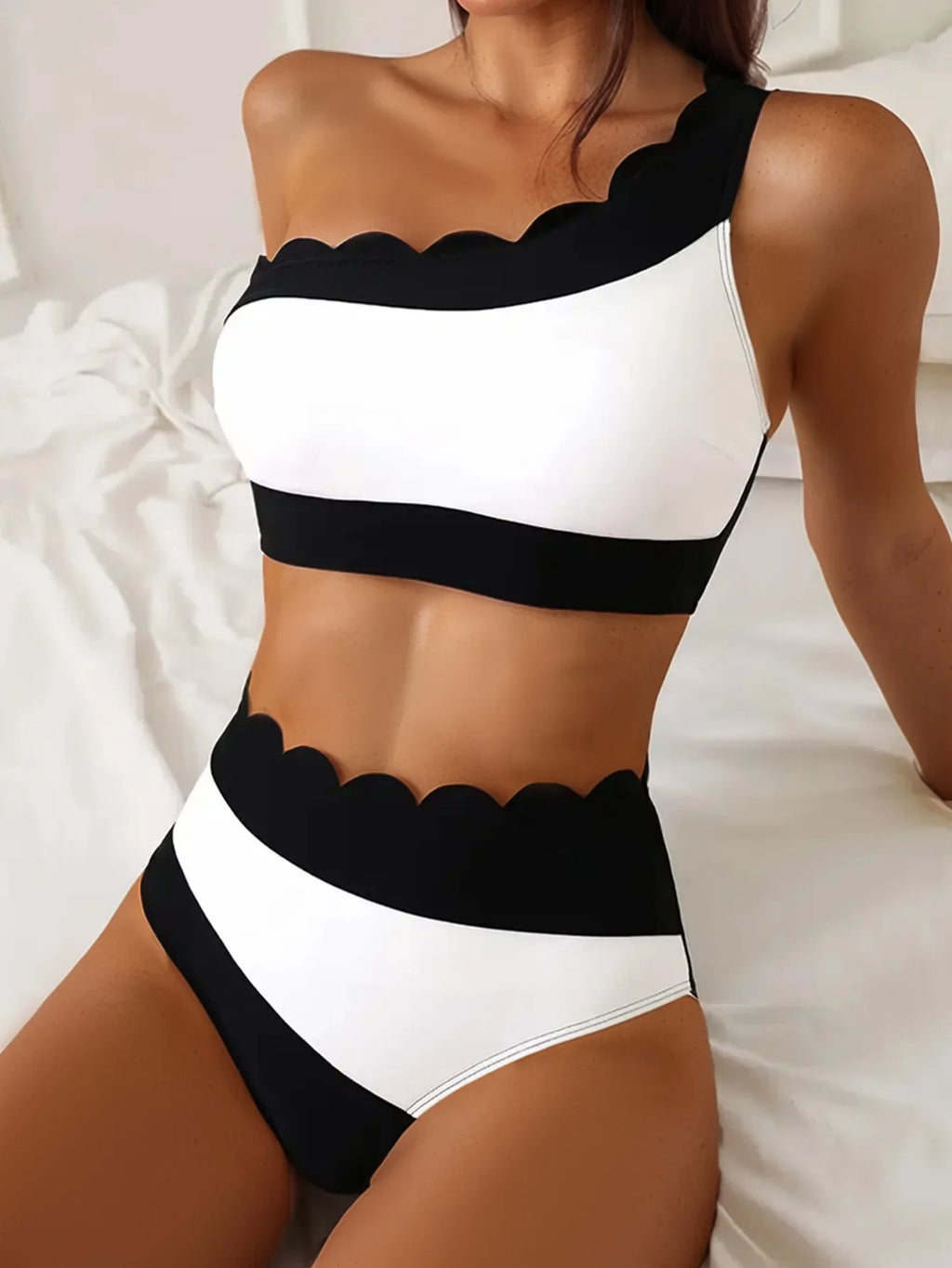 Sexy Black White Patchwork Bikini Women Ruffles One Shoulder Push Up High Waist Swimsuit Summer Bathing Suit Vacation Swimwear